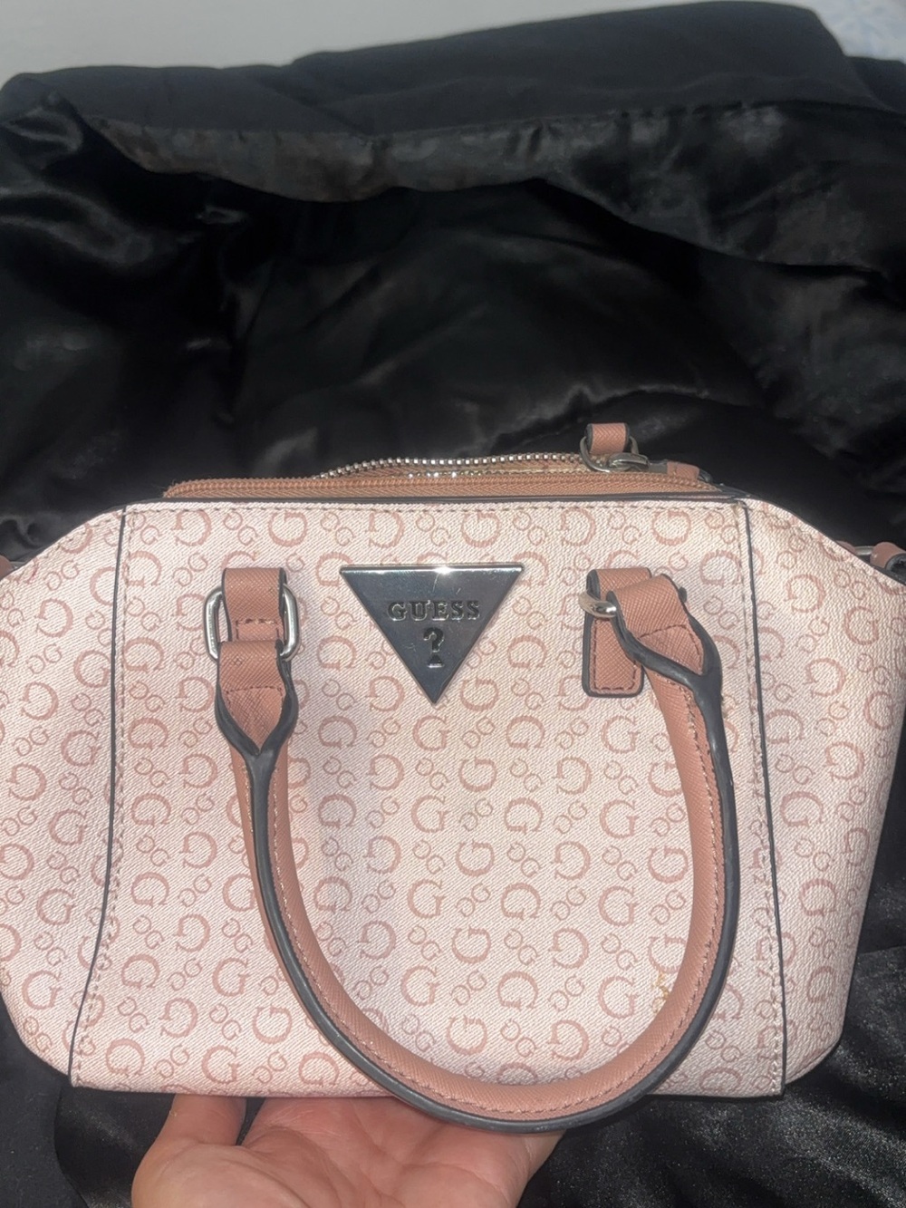 GUESS Pink Monogram Satchel with Tan Trim